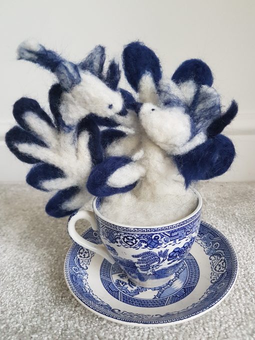 felted willow pattern, kissing birds. blue and white willow pattern.