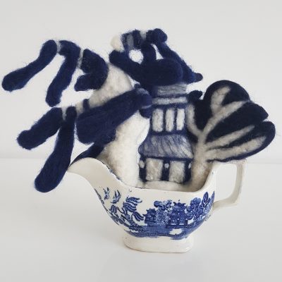 blue and white felted birds sweetheart birds willow pattern