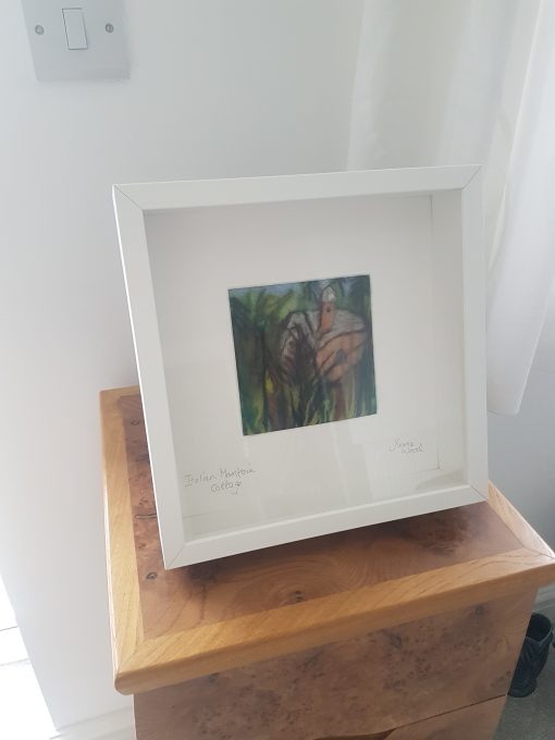 framed picture Italian mountain landscape, forested scene in Italy in felt , needle felt picture of Italian Alps with cottage.