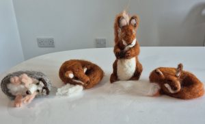 felted foxes red, rust, red squirrel felted, baby hedgehog felted.