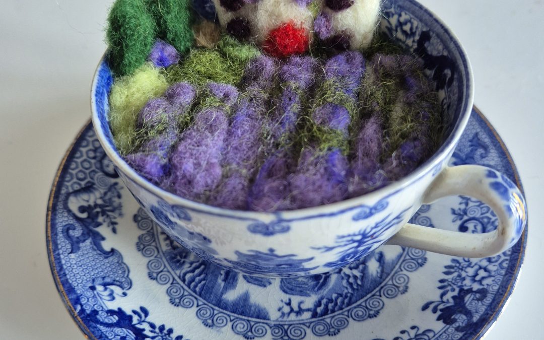 felted cottage in teacup, lavender felted, landscape felted in teacup