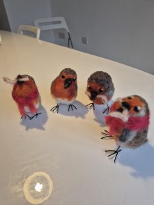 Felted christmas robins, red, orange , brown wool felting.