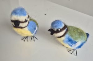 Blue tits needle felted, needle felting birds workshop in Stroud.