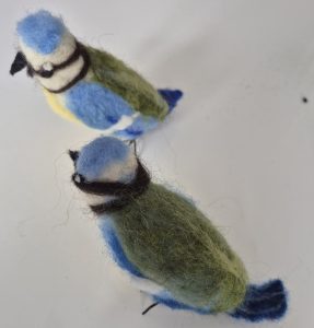 Needle felted blue tit birds, felting workshop in Stroud. 