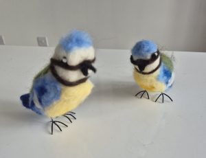 Needle felted blue tits, wool, felting, birds.